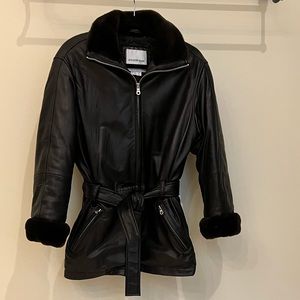 Vintage Andrew Marc Black Belted Leather Jacket with Faux Fur